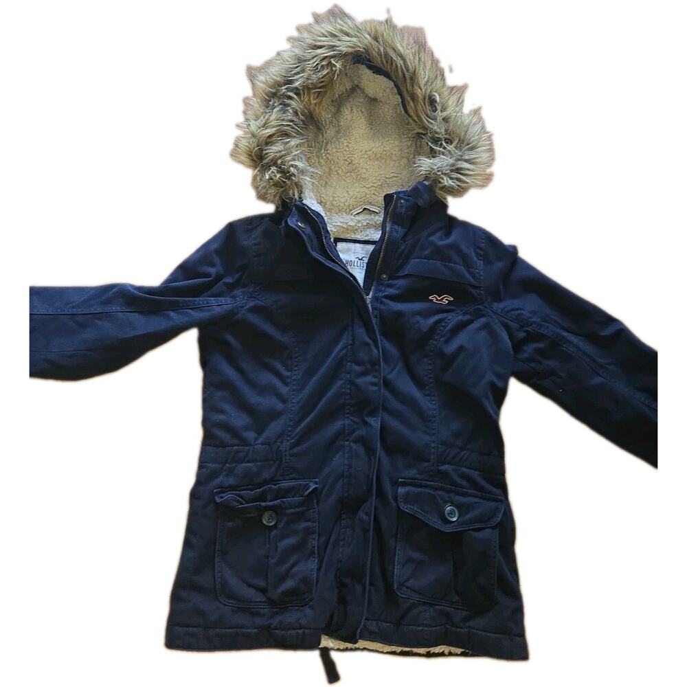 Hollister Vintage Y2K Faux Fur Trim Sherpa Lining Jacket Blue Bella Swan Sz M
